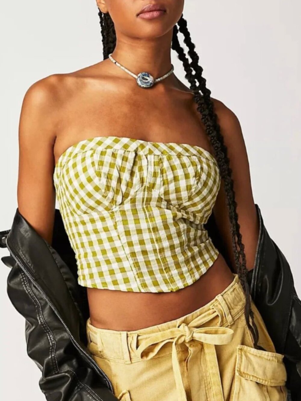 NWT Free People | Leilani Gingham Plaid Corset Style Tube Top Green Size Medium